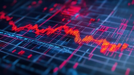 Abstract Visualization of a Stock Market Chart with Trend Lines, Digital Background, Financial Data Analysis, and Trading Concepts in Red and Blue Colors