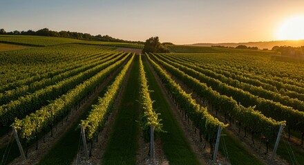 Scenic aerial view of a vineyard during golden hour