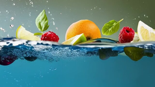 Eine Auswahl an Fr&uuml;chten, die mit Wasser in einer spritzigen Bewegung zusammentreffen