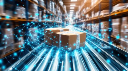 Dynamic Visualization of Modern Warehouse Logistics with Packaged Goods Flowing Through a Futuristic System of Digital Connectivity and Data Transfer