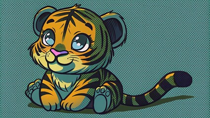 Cute cartoon tiger character with big eyes, sitting playfully on a textured background.