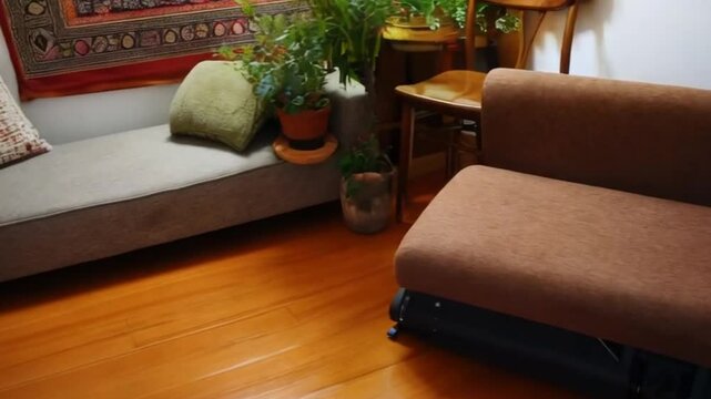 Compact living room with a fold-out sofa, a couple of sturdy chairs, a few cushions for extra seating, and simple yet effective d&eacute;cor, including potted plants and a wall hanging to add a touch of pers