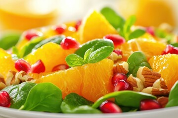 Vibrant fruit salad featuring oranges pomegranate spinach and nuts served in a bowl on a white plate Nutritious vegetarian dish