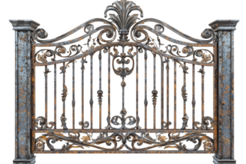 Metal gate design with ornate forged details.