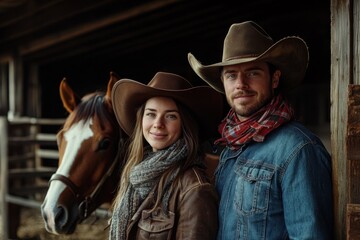 Western rancher couple posing in a horse barn smiling for the camera