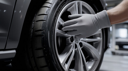 グローブを着けた整備士がタイヤを取り扱う様子