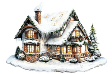 Fototapeta premium A watercolor depiction of a cozy winter house on a white background. Perfect for holiday cards, gift wrap, and other seasonal artwork.
