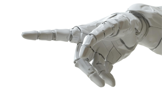 A white cyborg robotic hand pointing its finger. A futuristic and sleek depiction of advanced technology and robotics.