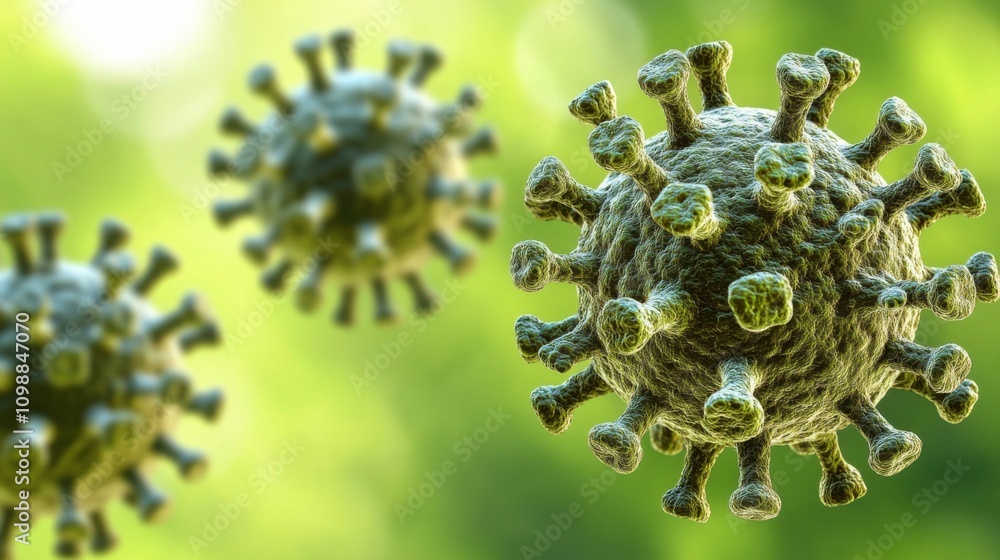 Poster detailed 3d representation of virus particles with textured surface and vibrant green background in 