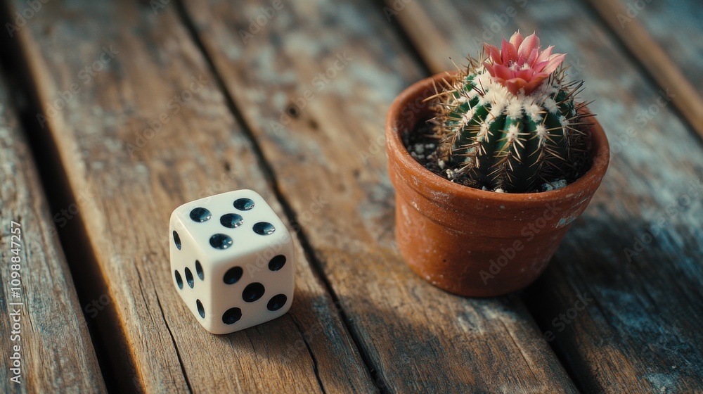 Poster a close-up of a white dice with black dots beside a small potted cactus placed on a rustic wooden ta