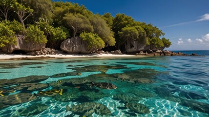 Obraz premium Tropical beach with crystal-clear water and colorful fish.
