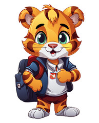 Surprised tiger cub with backpack on transparent background in cartoon style.