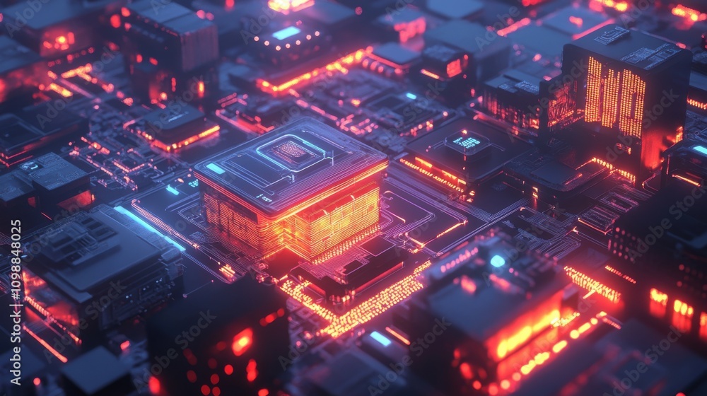 Poster futuristic digital landscape featuring neon circuits, microchips, and vibrant light patterns in a hi