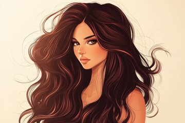 Naklejka premium Brunette girl with long glossy waves beautiful model with curls