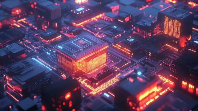 Futuristic Digital Landscape Featuring Neon Circuits, Microchips, and Vibrant Light Patterns in a High-Tech Computing Environment