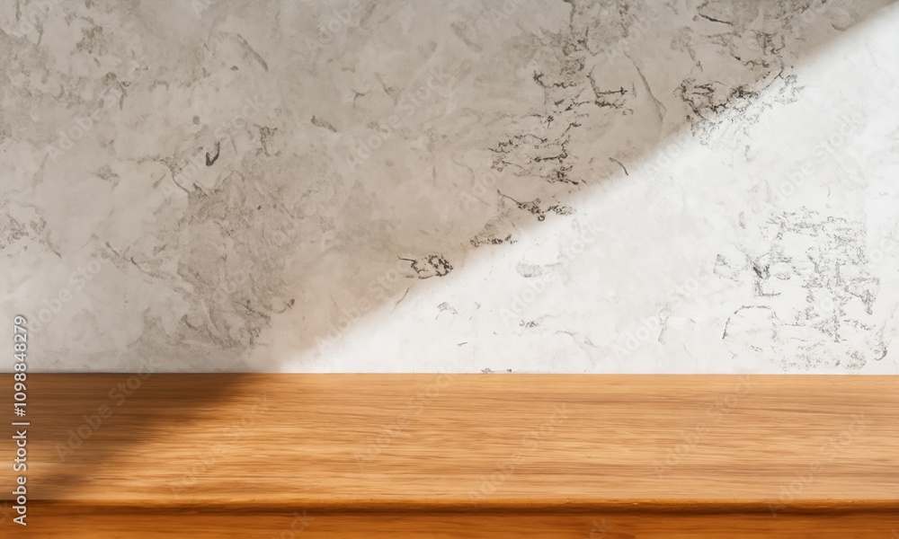 Poster a wooden table top with a textured concrete wall in the background with light shining through a wind