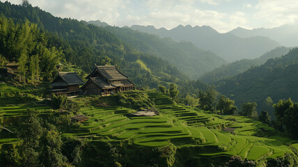 棚田と木造家屋の風景