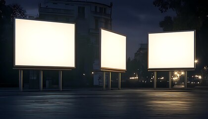 Fototapeta premium Blank white three billboards on an empty street at night design, mock-up design 