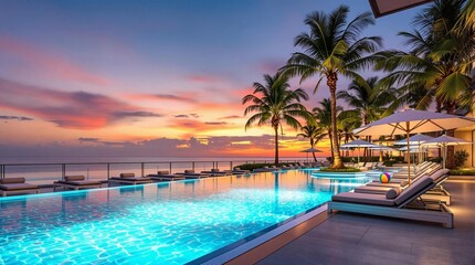 Fototapeta premium Exotic sunset by luxury tropical resort poolside with palm trees and vibrant sky