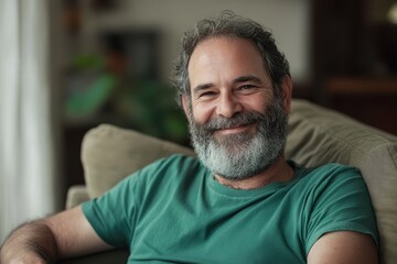 Fototapeta premium Image of a cheerful 50 year old bearded man in a green shirt sitting on a couch at home and looking at the camera