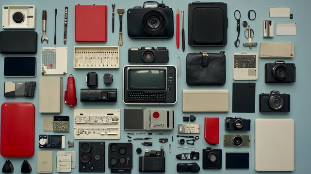 Various vintage electronic devices and accessories are meticulously arranged in a flatlay composition