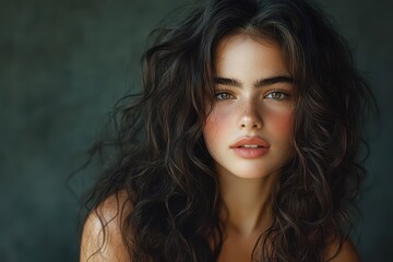 Naklejka premium Long haired brunette model with shiny curls and beautiful waves Beauty and care