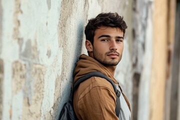 Obraz premium Profile of an attractive man in relaxed attire against a wall