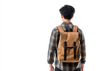 Fototapeta premium Rear view of a young Asian male student with a bag on a plain white background