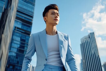 Fototapeta premium Side view of a confident young Chinese man in a light blue suit and white shirt strolling in a sunny urban setting