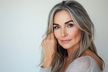 Naklejka premium Stunning middle aged woman showcasing flawless skin for anti aging products set against a white background