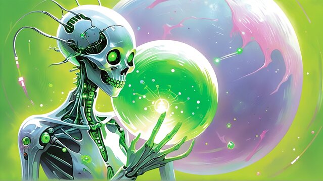 Futuristic cyberpunk skeleton with glowing sphere in surreal sci-fi setting