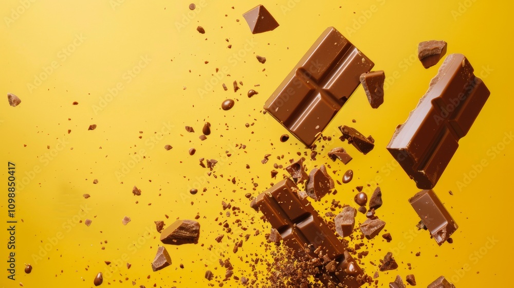 Poster exploding chocolate bars on a yellow background