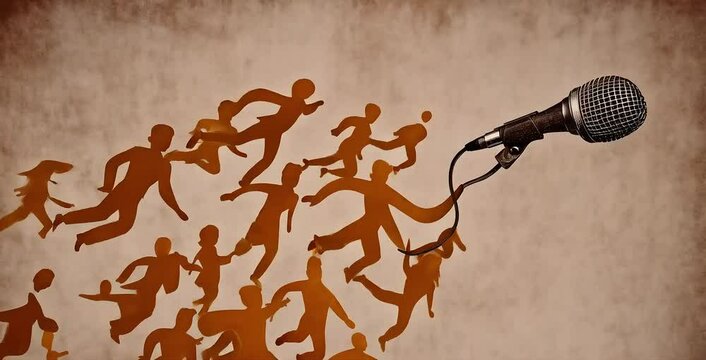 Silhouettes of people racing towards a microphone symbolize the competitive rush of journalism. The illustration captures urgency and dynamism