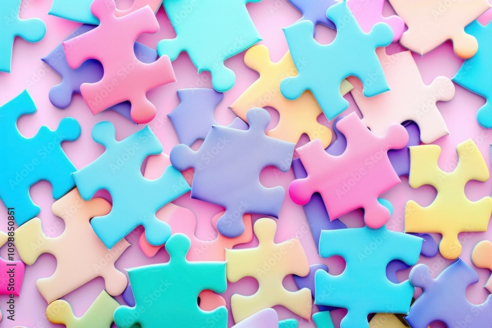 Poster colorful pastel puzzle pieces scattered on a soft surface, creating a playful and creative atmospher