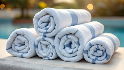 Fototapeta premium White and blue striped, rolled towels.