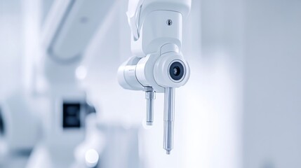 A close-up of an advanced robotic surgical tool with intricate details, against a minimalist background, Minimalist style