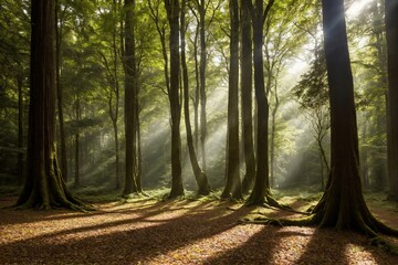 Obraz premium The trees stretch high into the sky, their thick trunks and branches creating a sense of grandeur. The air is fresh and crisp, and the peaceful atmosphere is undisturbed, with only the occasional rust