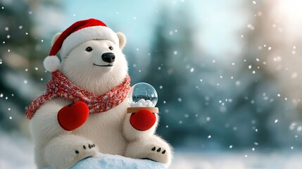 Adorable polar bear sitting on an icy block wearing a Santa hat and scarf holding a snow globe with a snowy winter landscape inside