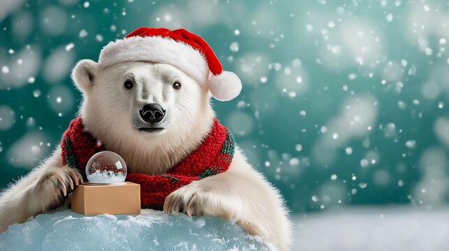 An adorable polar bear sitting on an ice block wearing a festive Santa hat and scarf and holding a delicate snow globe against the snowy icy backdrop of the Arctic tundra - Powered by Adobe