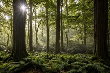 Obraz premium The trees stretch high into the sky, their thick trunks and branches creating a sense of grandeur. The air is fresh and crisp, and the peaceful atmosphere is undisturbed, with only the occasional rust