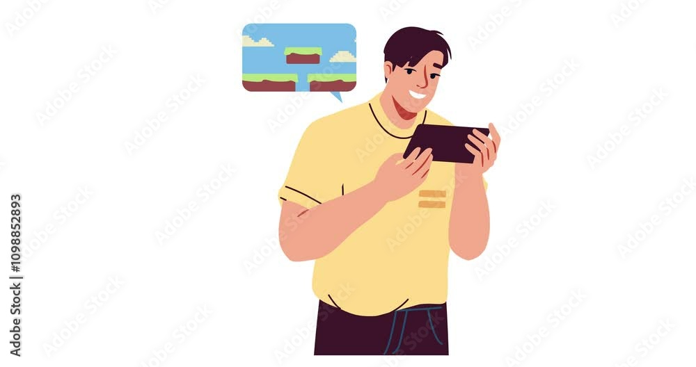 Poster person using phone. moving banner with man with smartphone. young guy play in video games and arcade