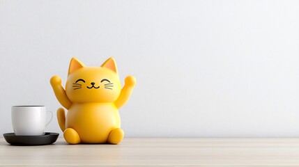 Fototapeta premium Golden Maneki Neko Cat Figurine Raising Paw on Minimalist White Background Traditional Japanese Prosperity and Luck Talisman Symbol Ornate Oriental Artifact Spiritual Auspicious Charm