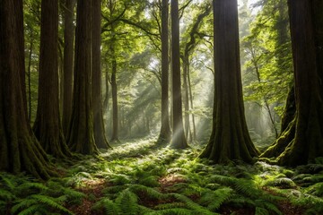 The trees stretch high into the sky, their thick trunks and branches creating a sense of grandeur. The air is fresh and crisp, and the peaceful atmosphere is undisturbed, with only the occasional rust