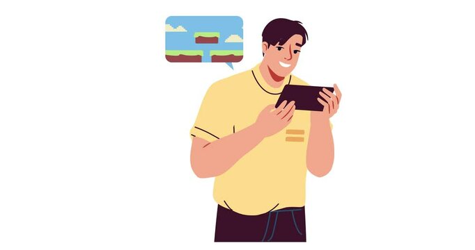 Person using phone. Moving banner with man with smartphone. Young guy play in video games and arcades. Gamer and player with gadget and device. Cartoon flat animated graphics