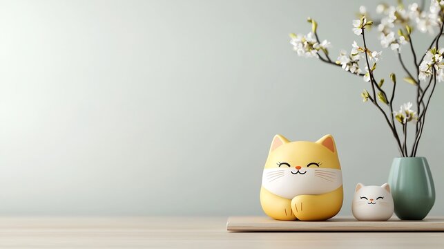 Stylish golden maneki neko cat statue with a smooth texture on a plain backdrop focusing on its raised paw and classic Japanese design for prosperity and good fortune