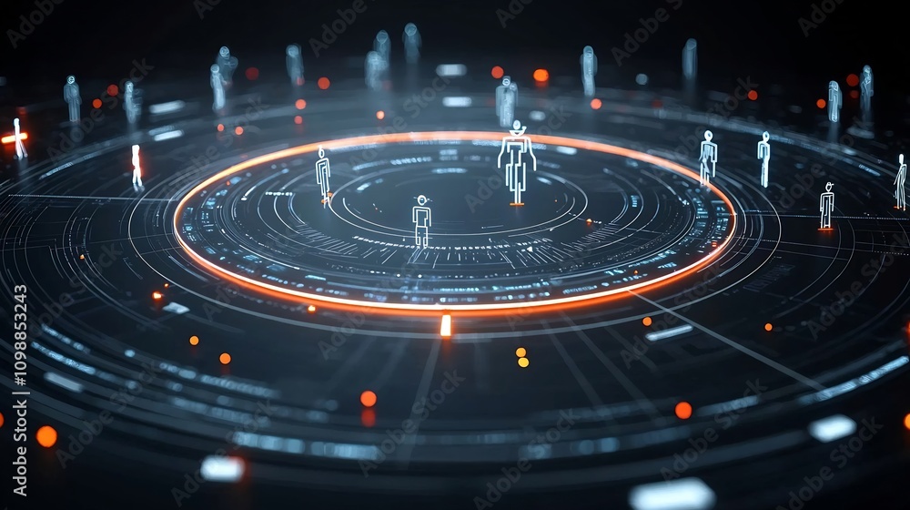 Poster Dynamic digital scene with 3D figures linked by luminous lines in a circular structure over a dark abstract backdrop creating a futuristic and visually striking composition