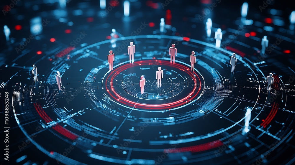 Poster Luminous digital figures connected by glowing lines in a dynamic circular 3D structure set against a minimalist black backdrop
