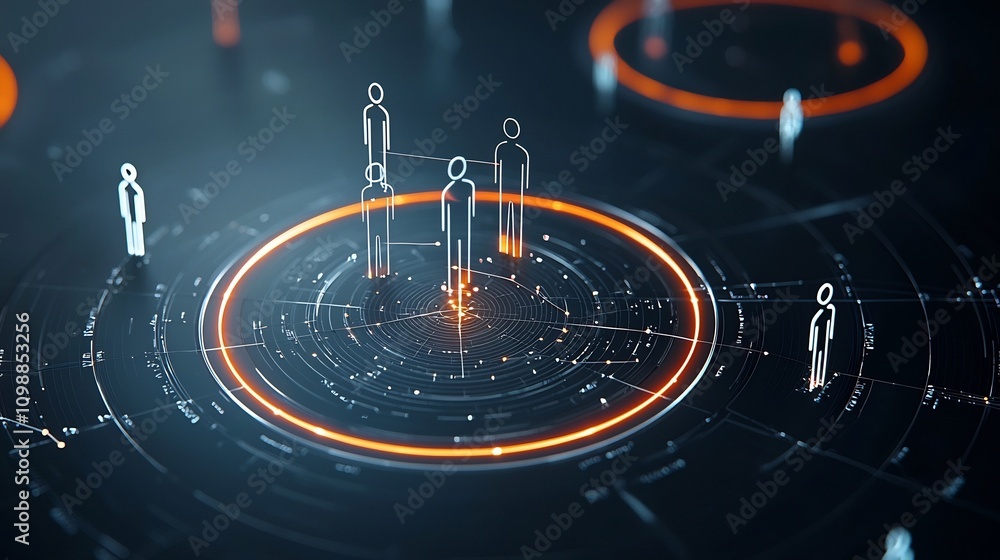 Poster Dynamic digital scene with 3D figures linked by luminous lines in a circular structure over a dark black backdrop  Futuristic conceptual and technology driven visualization