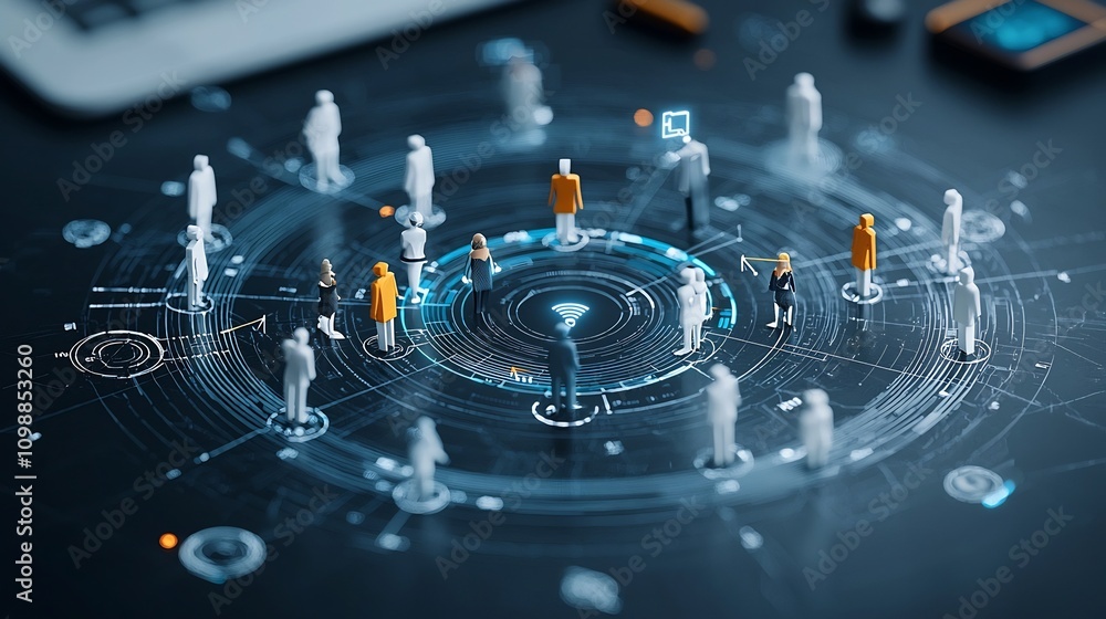 Poster Interconnected 3D figures arranged in a circular formation with radiant lines on a dark background symbolizing the concepts of innovation