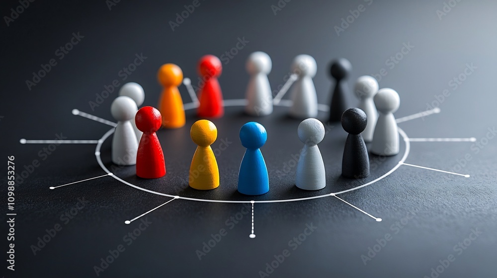 Leinwandbilder Interconnected 3D Figures in Radiant Circular Formation on Dark Background Representing the Concepts of Synergy